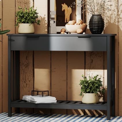 Black Narrow Console Table with Drawer and Open Shelf, 39.4 Inch