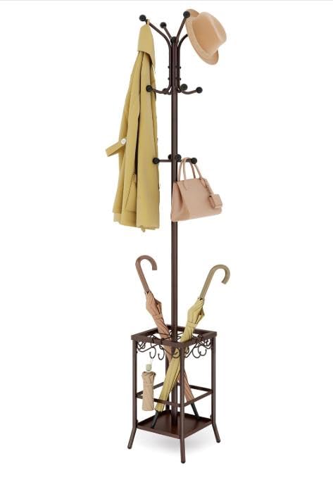 Metal Coat Tree with Umbrella Holder, 12 Hooks, Brown Finish