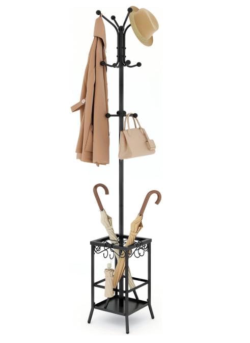 Freestanding Metal Coat Rack with 12 Hooks and Umbrella Holder, Black