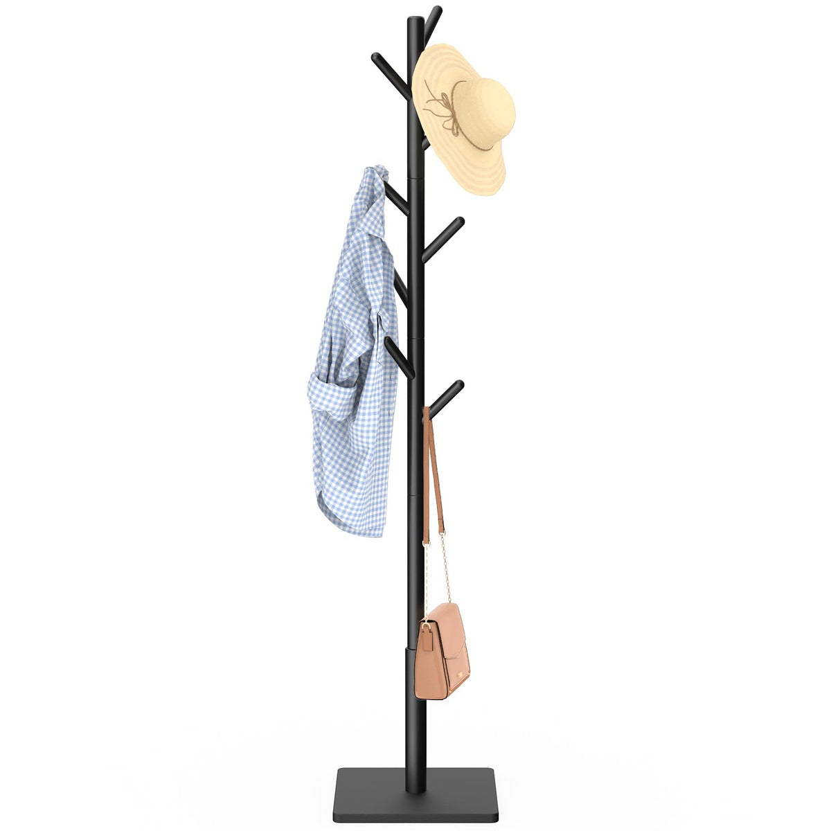 Solid Wood Coat Tree with 8 Staggered Hooks, 70.9 Inch, Black
