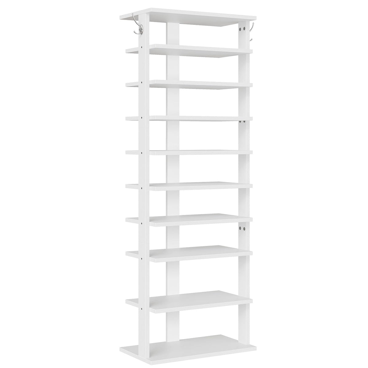 10 Tier Narrow Shoe Tower with Side Hooks, White Wood, Holds 20 Pairs