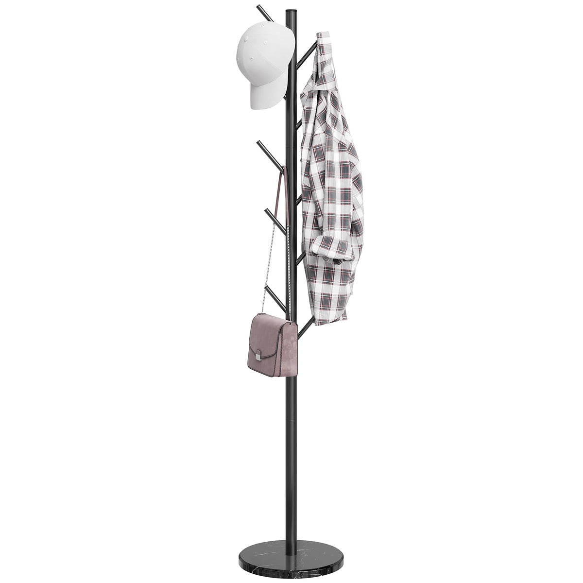 Adjustable Height Coat Stand with 10 Hooks, 11 Inch Marble Base, Black