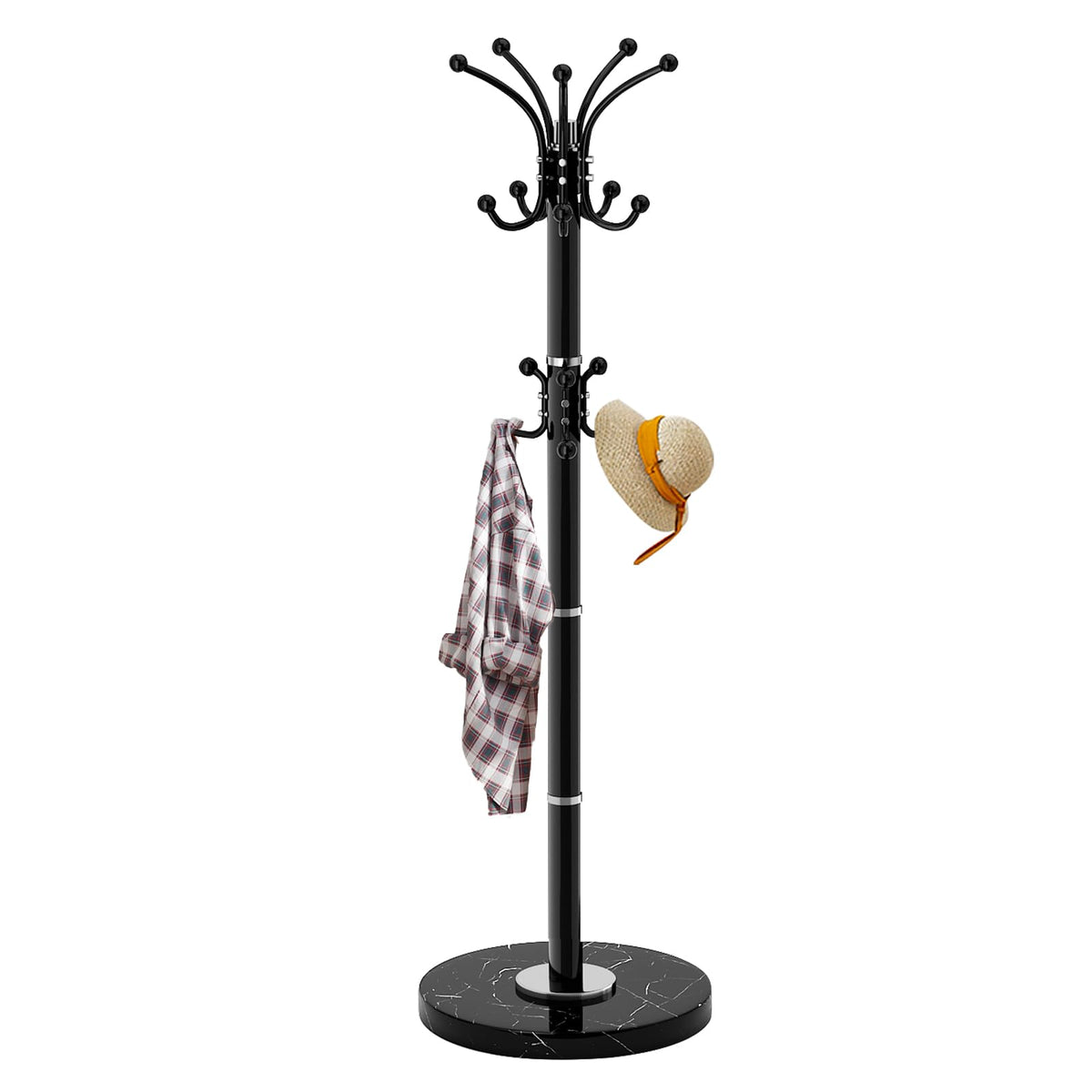 Rotating Coat Stand with Marble Base, 16 Hooks, Black Steel