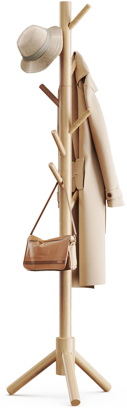 Solid Wood Standing Coat Rack with 8 Hooks, Height Adjustable, Natural