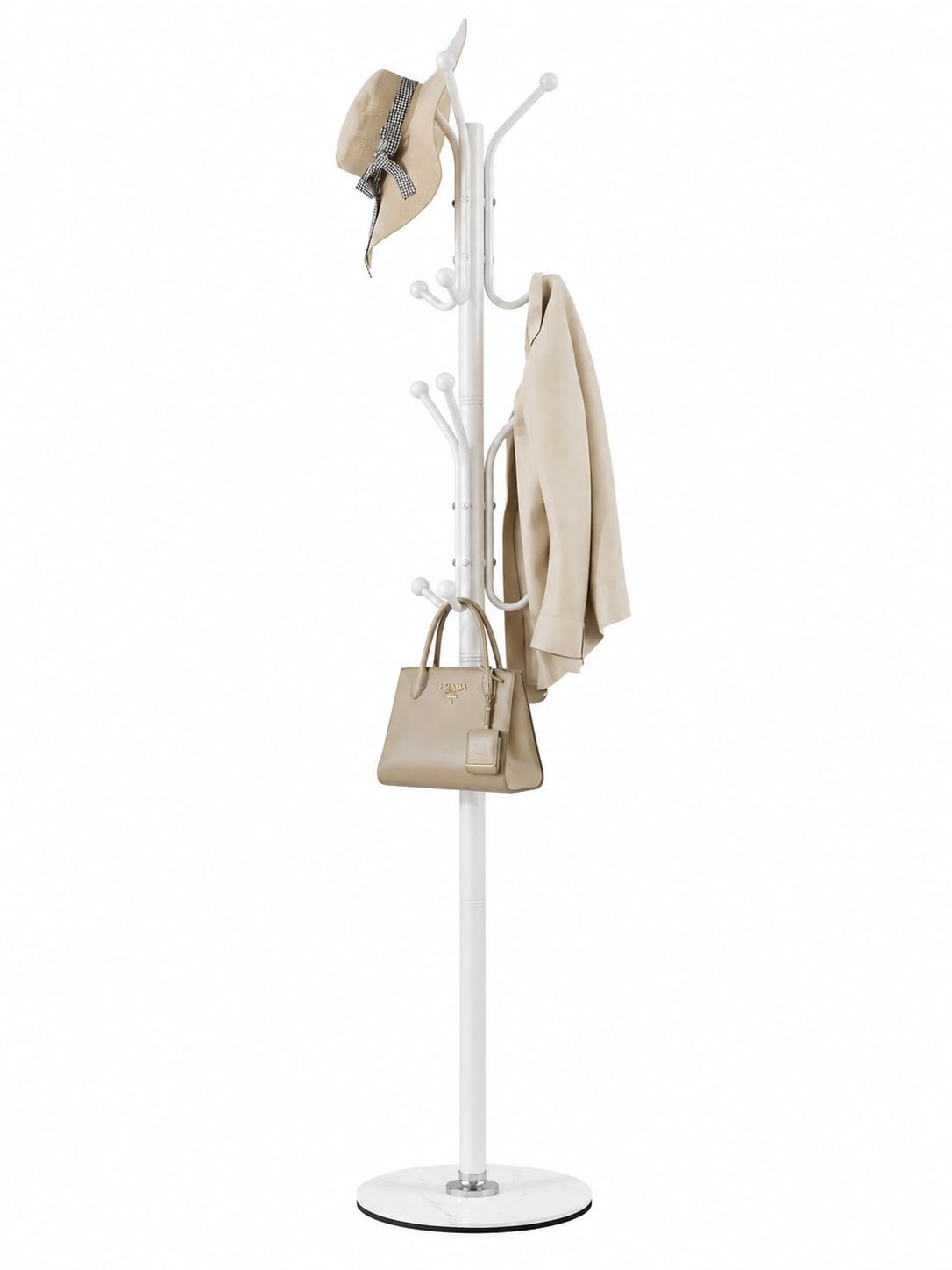 White Coat Stand with Stone Base and 12 Ball End Hooks, 68.1 Inch