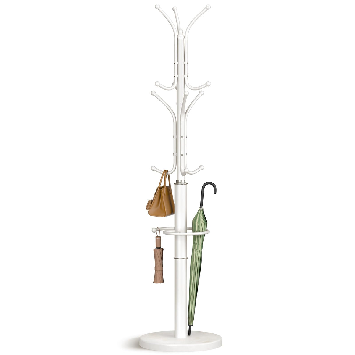 White Metal Coat Stand with Marble Base, 12 Hooks, Umbrella Holder