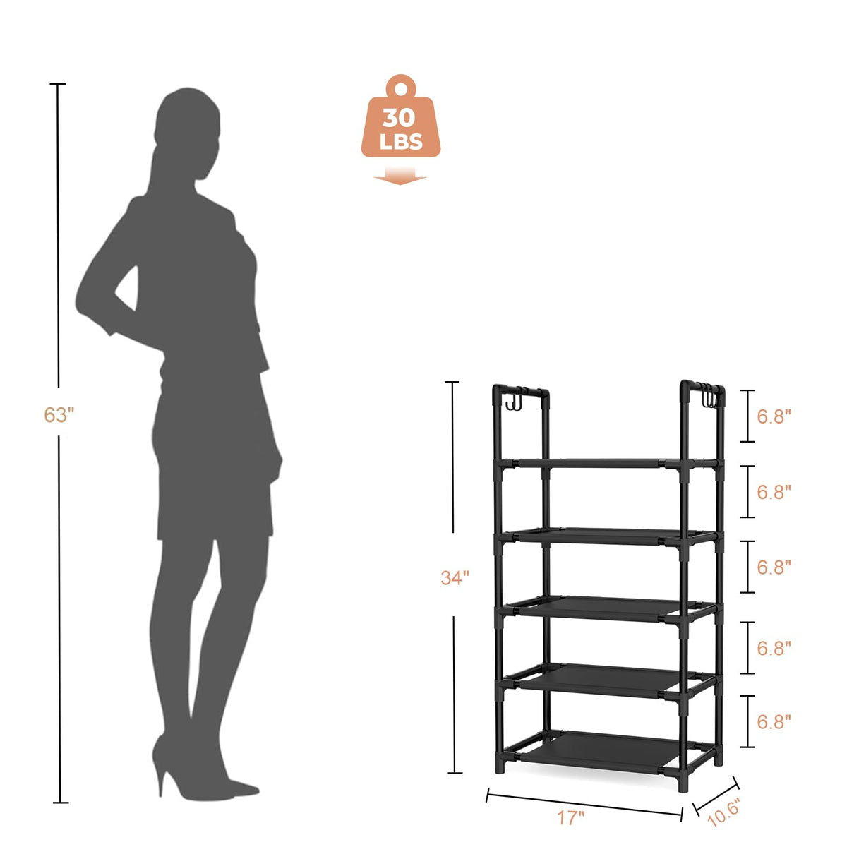 5 Tier Black Shoe Rack, Narrow 17 Inch Fabric Shelf with Hooks