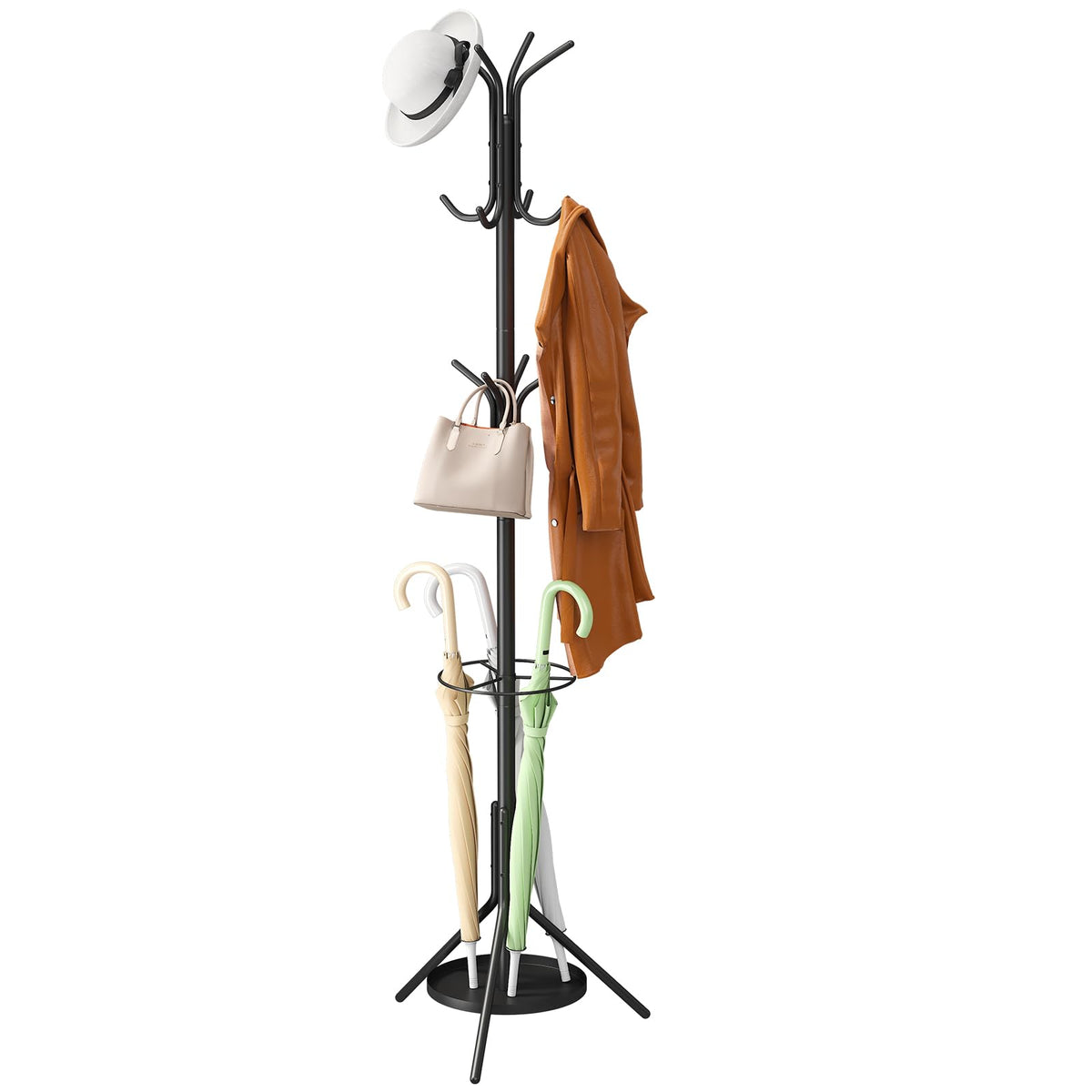 12 Hook Metal Hall Tree with Base Umbrella Holder, 70 Inch, Black