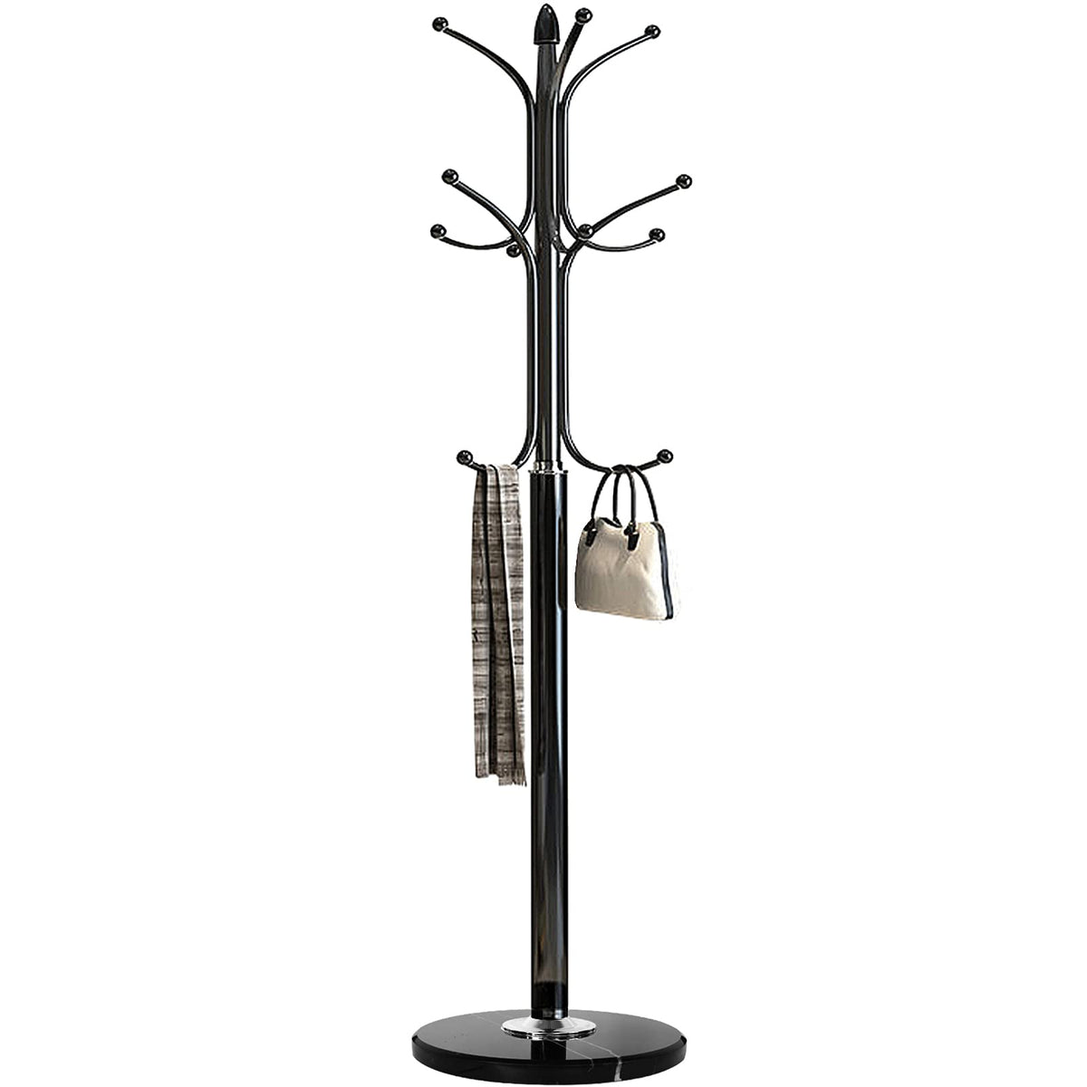 Freestanding Coat Rack with 12 Hooks, 70 Inch, Marble Base, Black