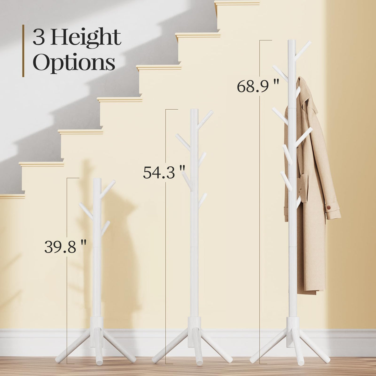 White Wooden Coat Rack Stand, 8 Hooks, 3 Height Settings