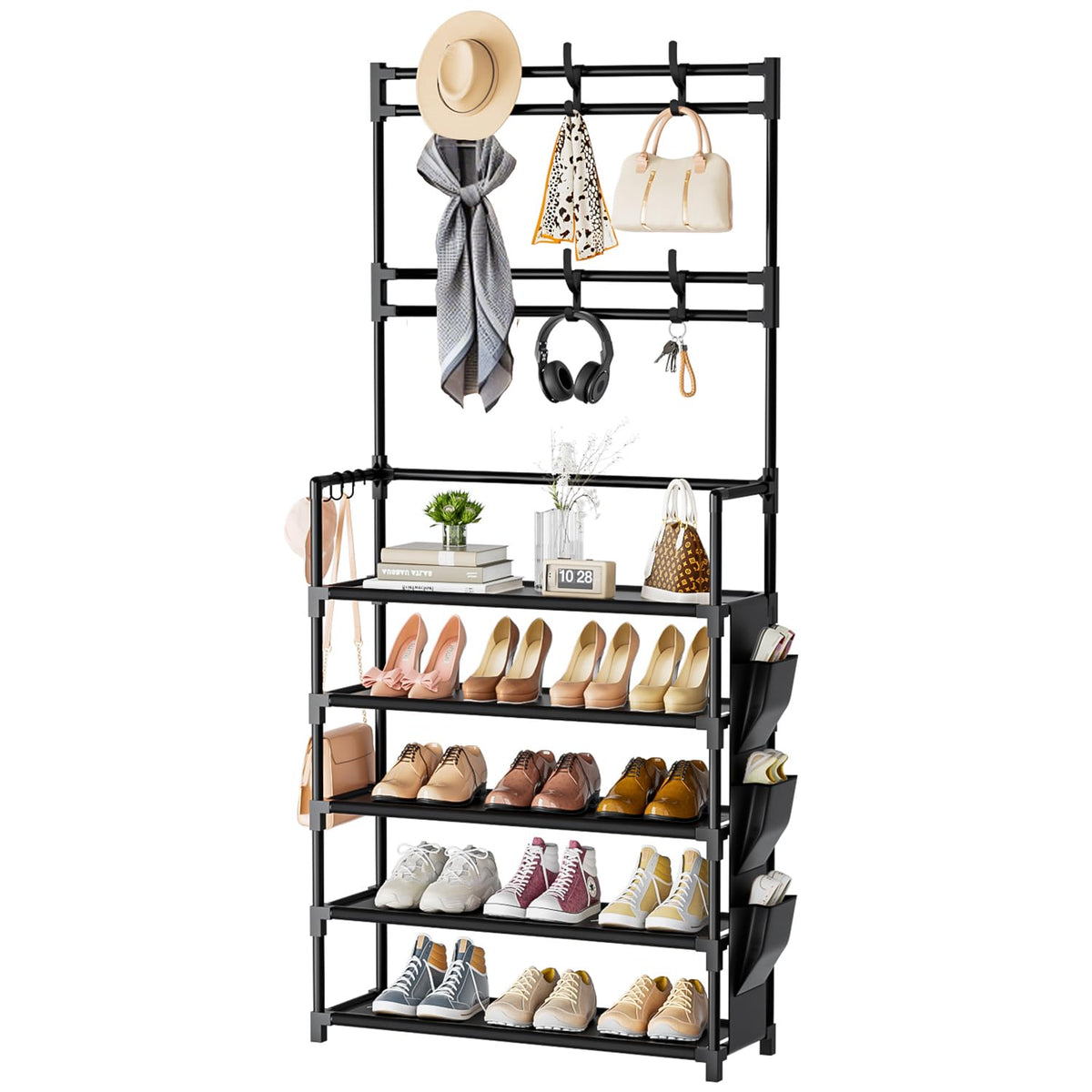 5 Tier Vertical Shoe Rack, Holds 15 to 20 Pairs, Black Metal