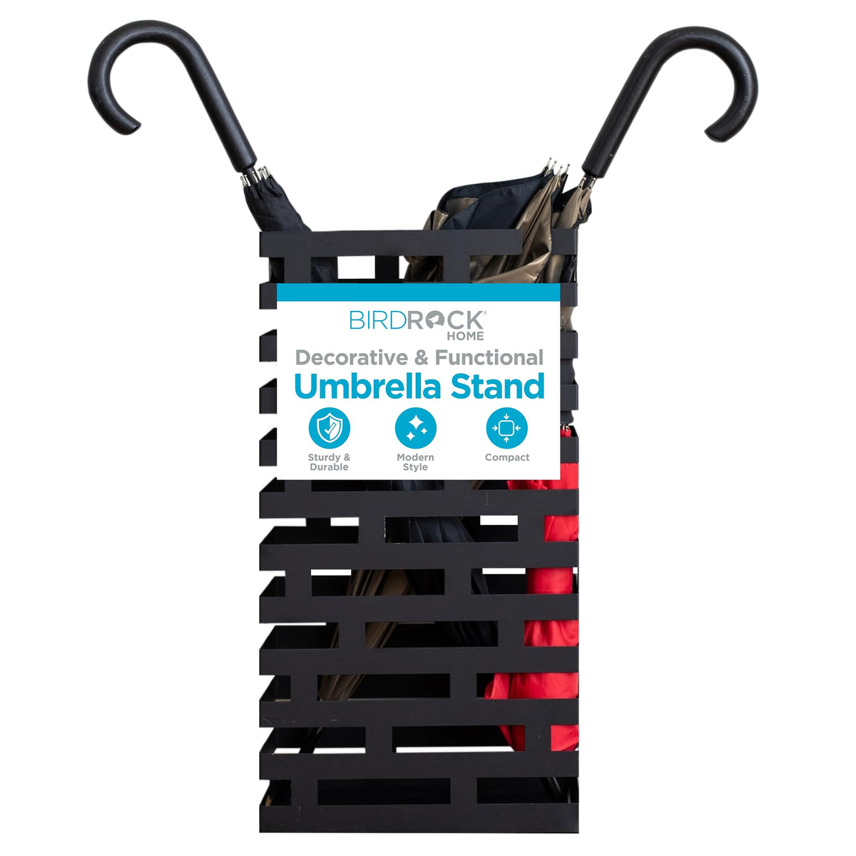 Black Iron Umbrella Stand with Removable Tray, Striped Design