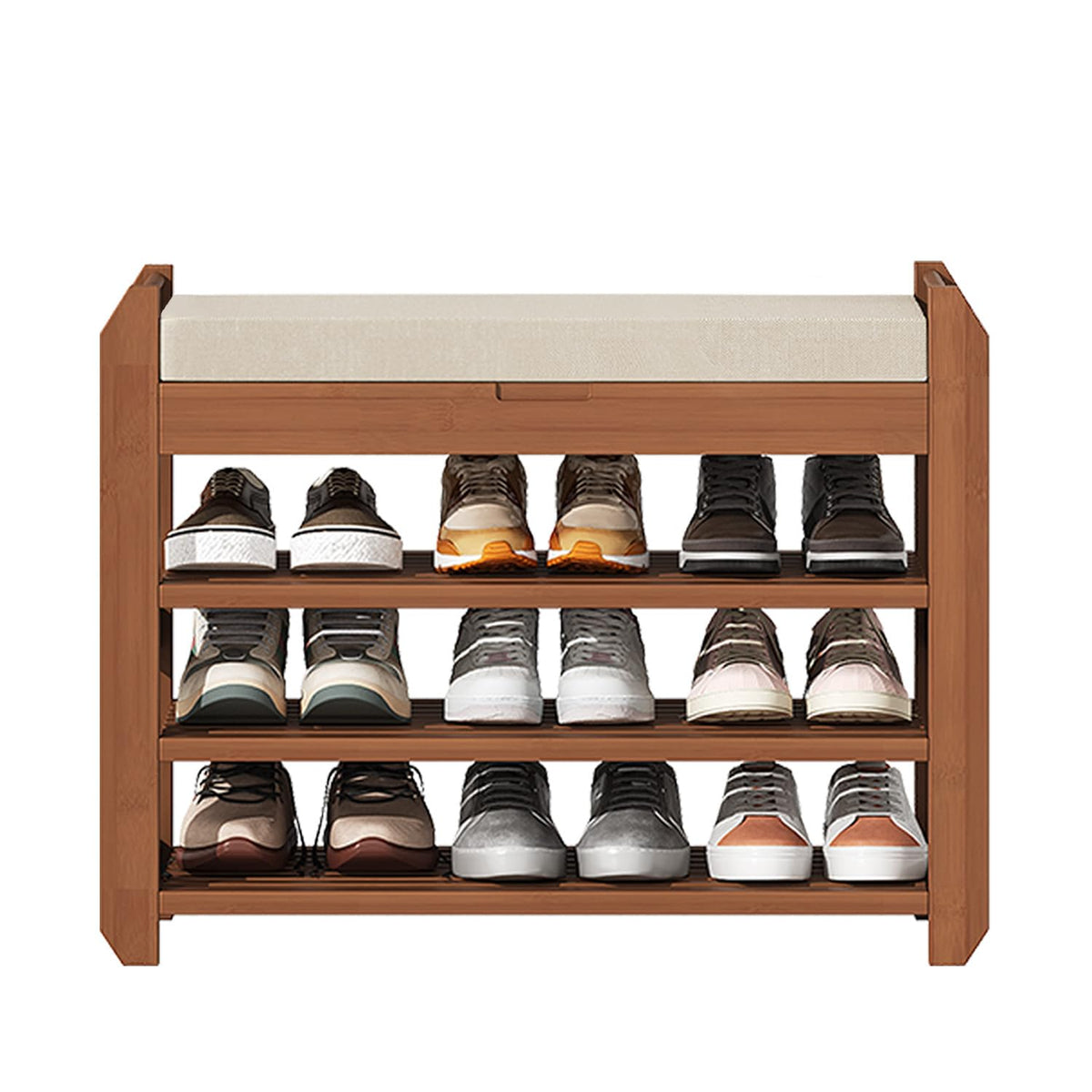 Small Bamboo Shoe Bench, 27.6 Inch, 3 Tier, Padded Seat
