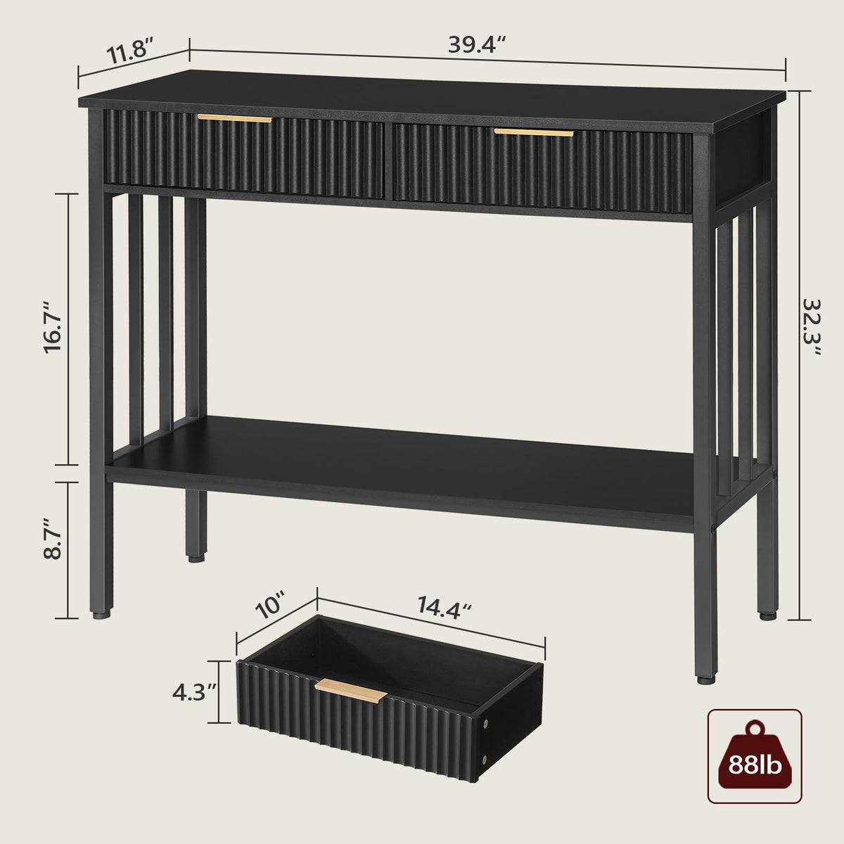 Fluted Console Table with 2 Drawers, 39.4 Inch, Black