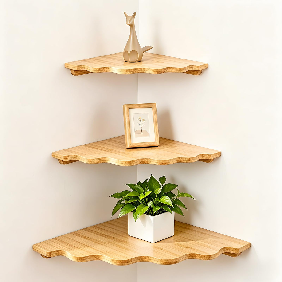Bamboo Corner Floating Shelves, Set of 3 with Cord Hole, Natural