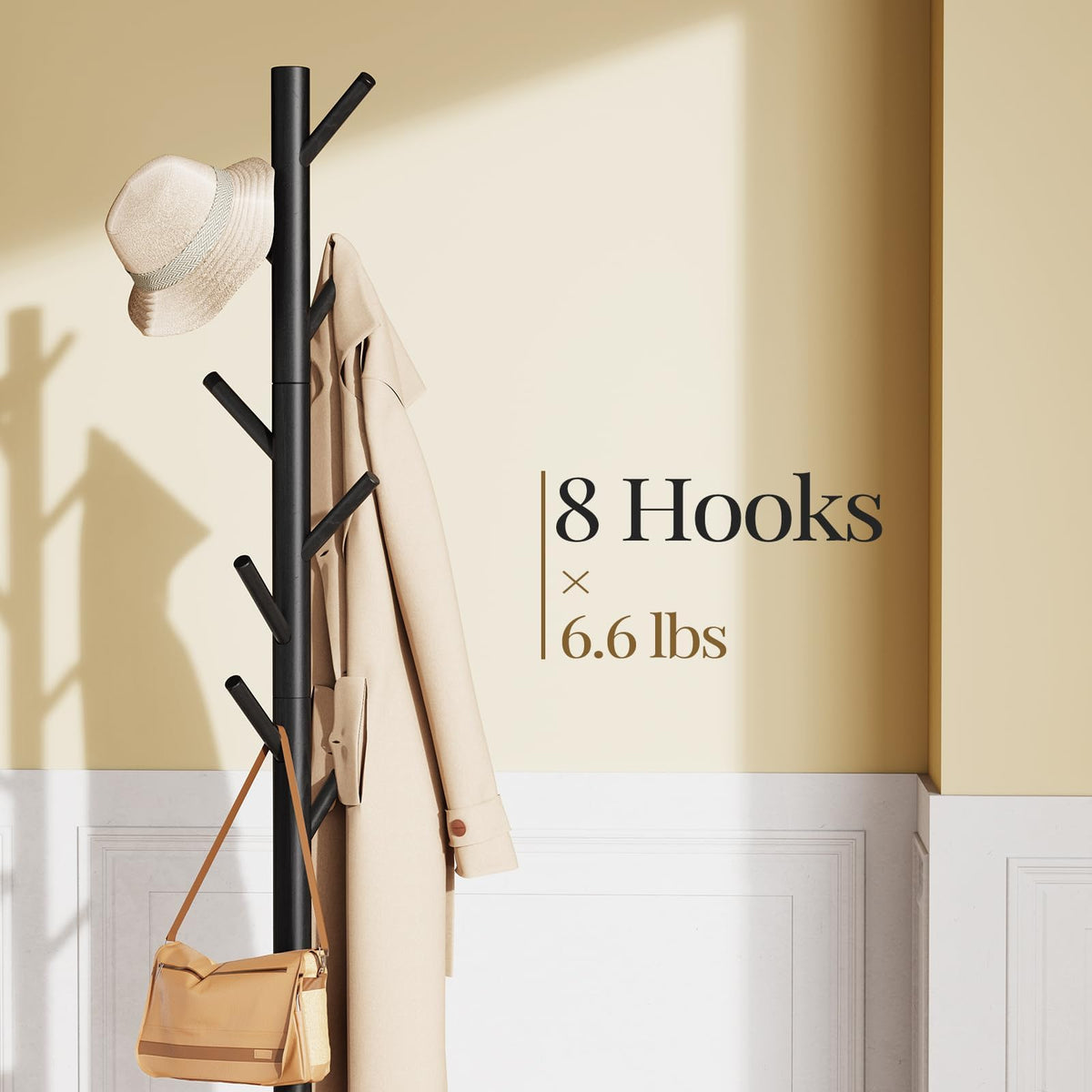 Solid Wood Standing Coat Rack, 8 Hooks, Adjustable Height, Black