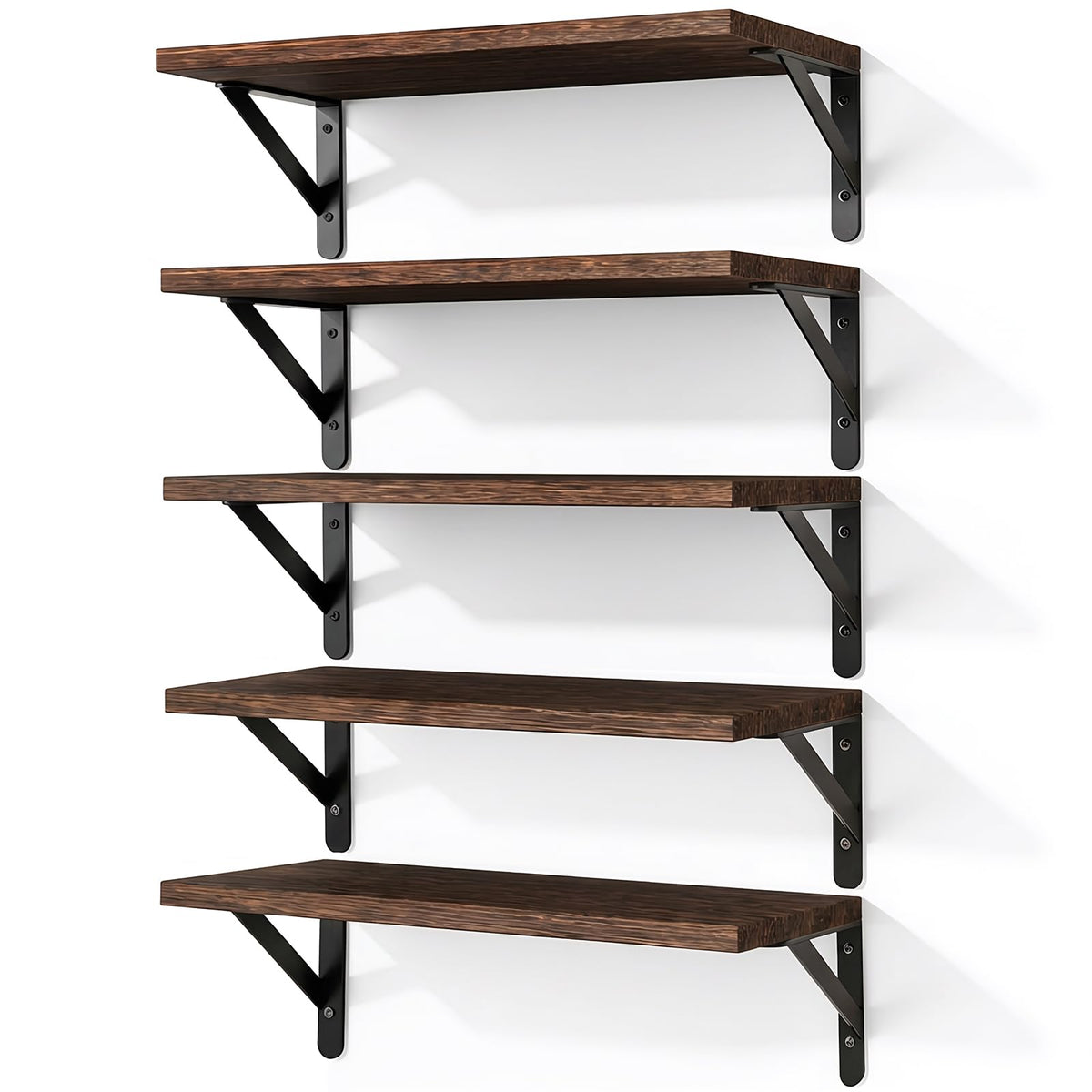 Brown Wood Floating Shelves, Set of 5, 16.5 Inch with Metal Brackets