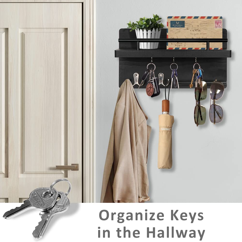 Wall Key Holder with Shelf, 5 Key Hooks, Black Metal and Pine