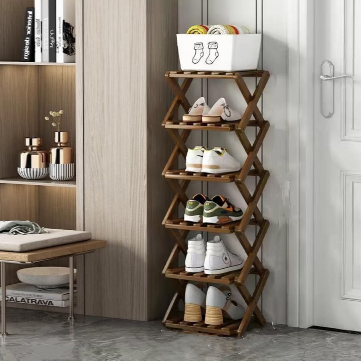 Foldable Bamboo Shoe Rack, 6 Tier, Brown Narrow Vertical Shelf