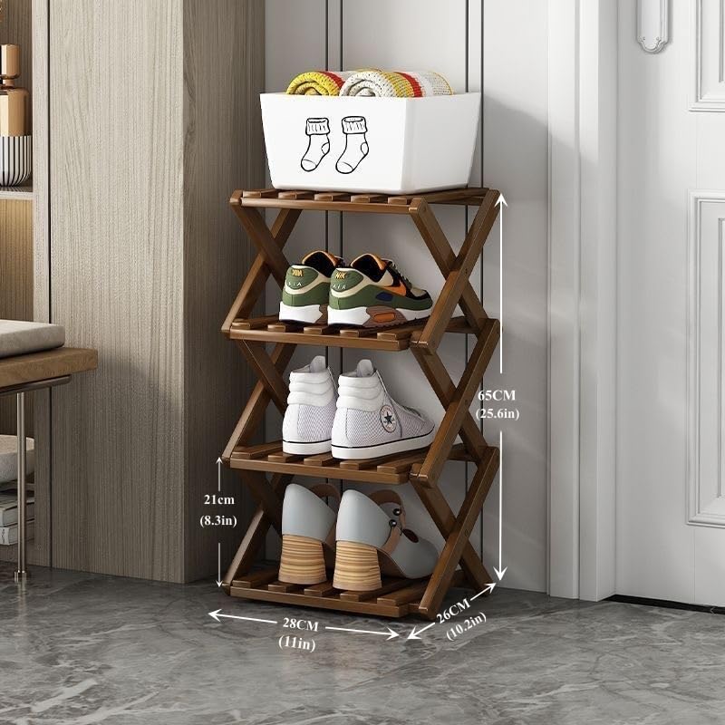 Foldable Bamboo Shoe Rack, 4 Tier, Tall Narrow Shoe Shelf, Brown
