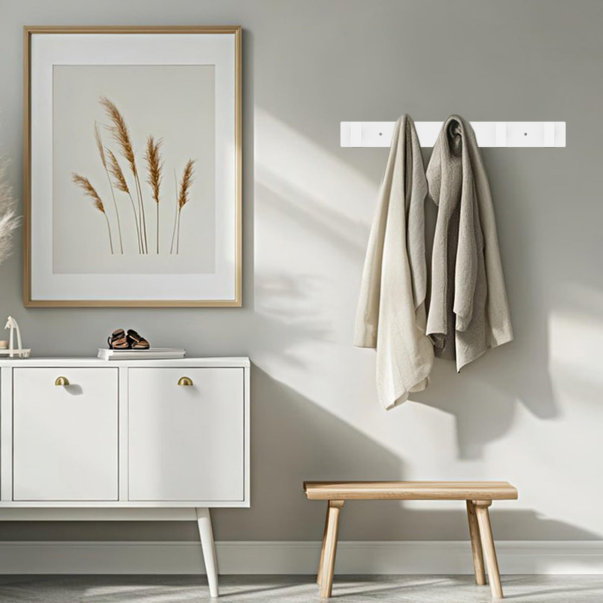 White Wall Coat Rack, 5 T Hooks, Stainless Steel Hook Rail
