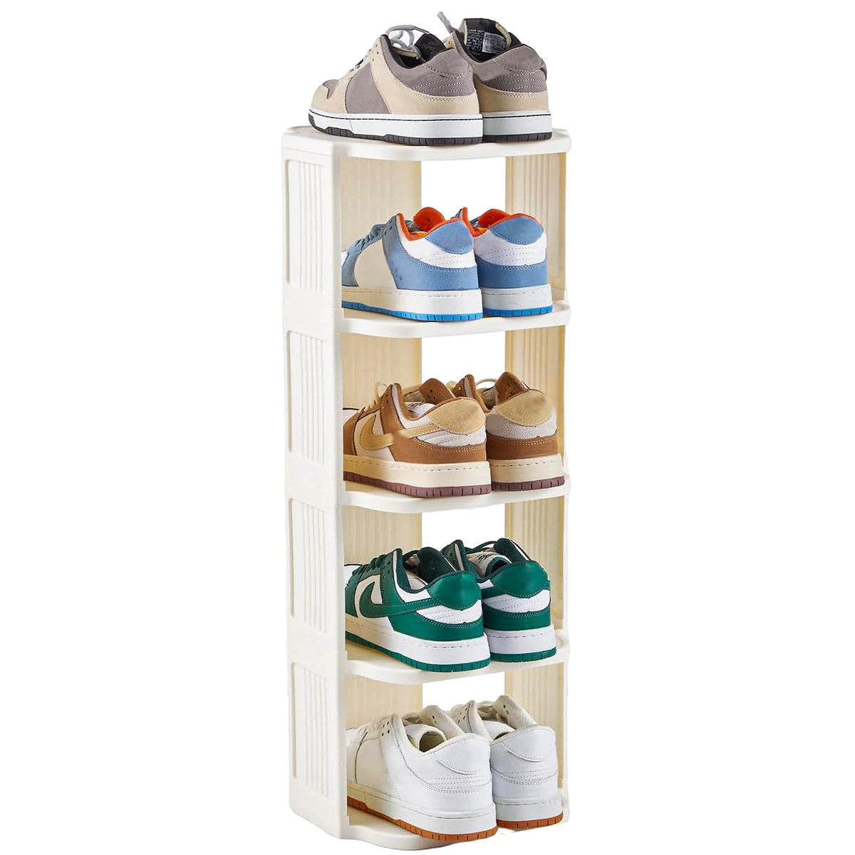 Narrow 5 Tier Plastic Shoe Rack, White Vertical Shoe Tower