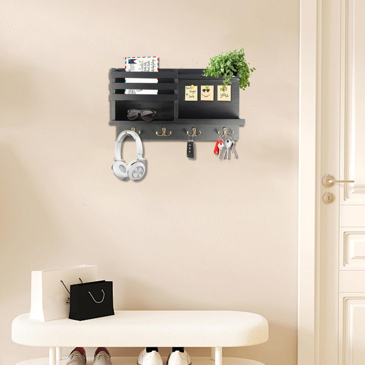 Wall Key and Mail Organizer with 8 Hooks, 15.7 Inch Matte Black Wood
