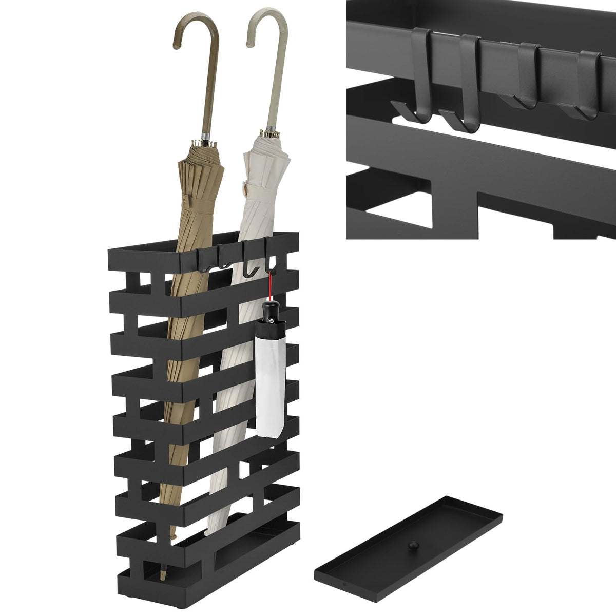 Rectangular Black Umbrella Holder, 16.93 Inch, with Hooks