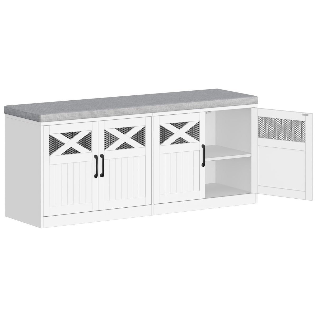 Shoe Storage Bench with 4 Barn Doors and Cushion, 47.2 Inch, White