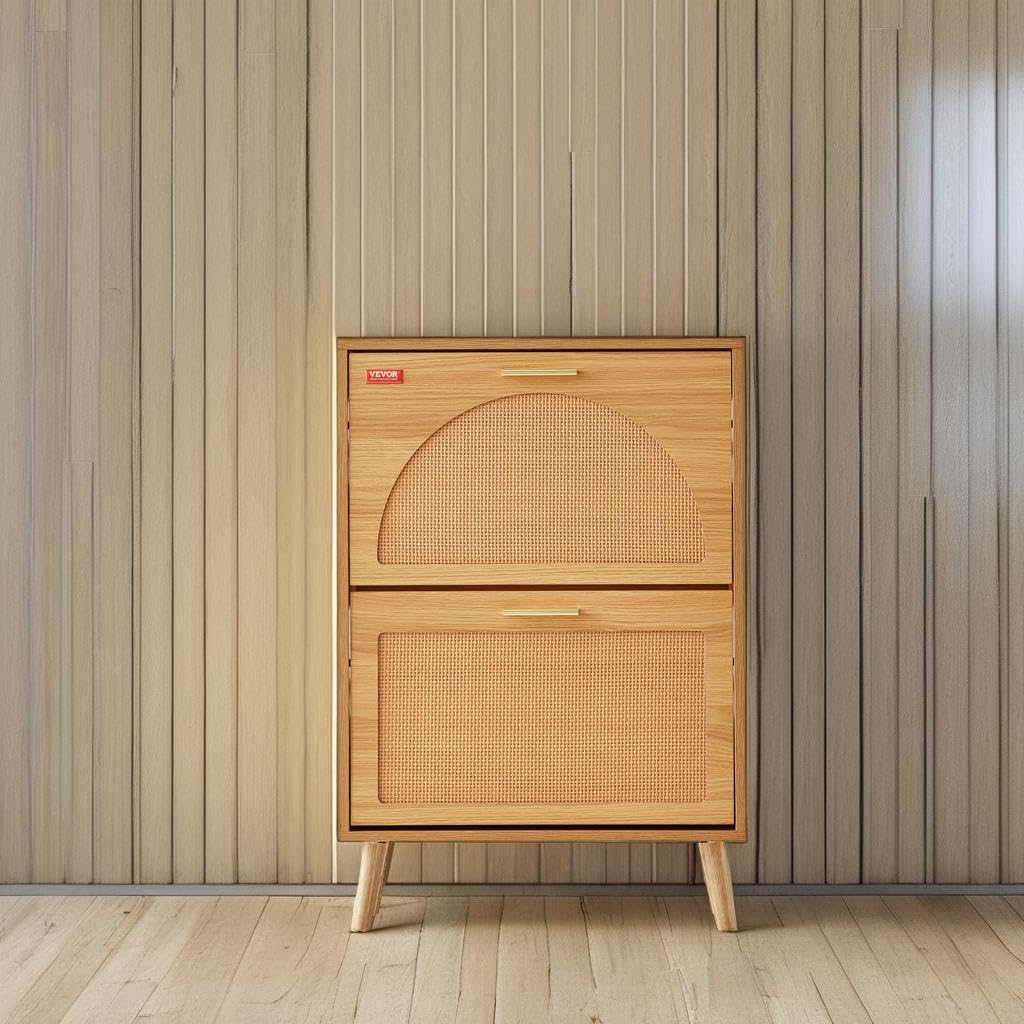 Rattan Shoe Cabinet with 2 Flip Drawers, Slim Entryway Shoe Storage