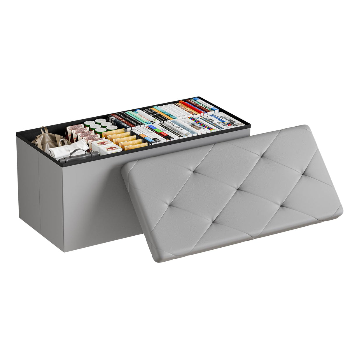 Folding Storage Ottoman Bench, 30 Inch, Grey Faux Leather, 24 Gallon