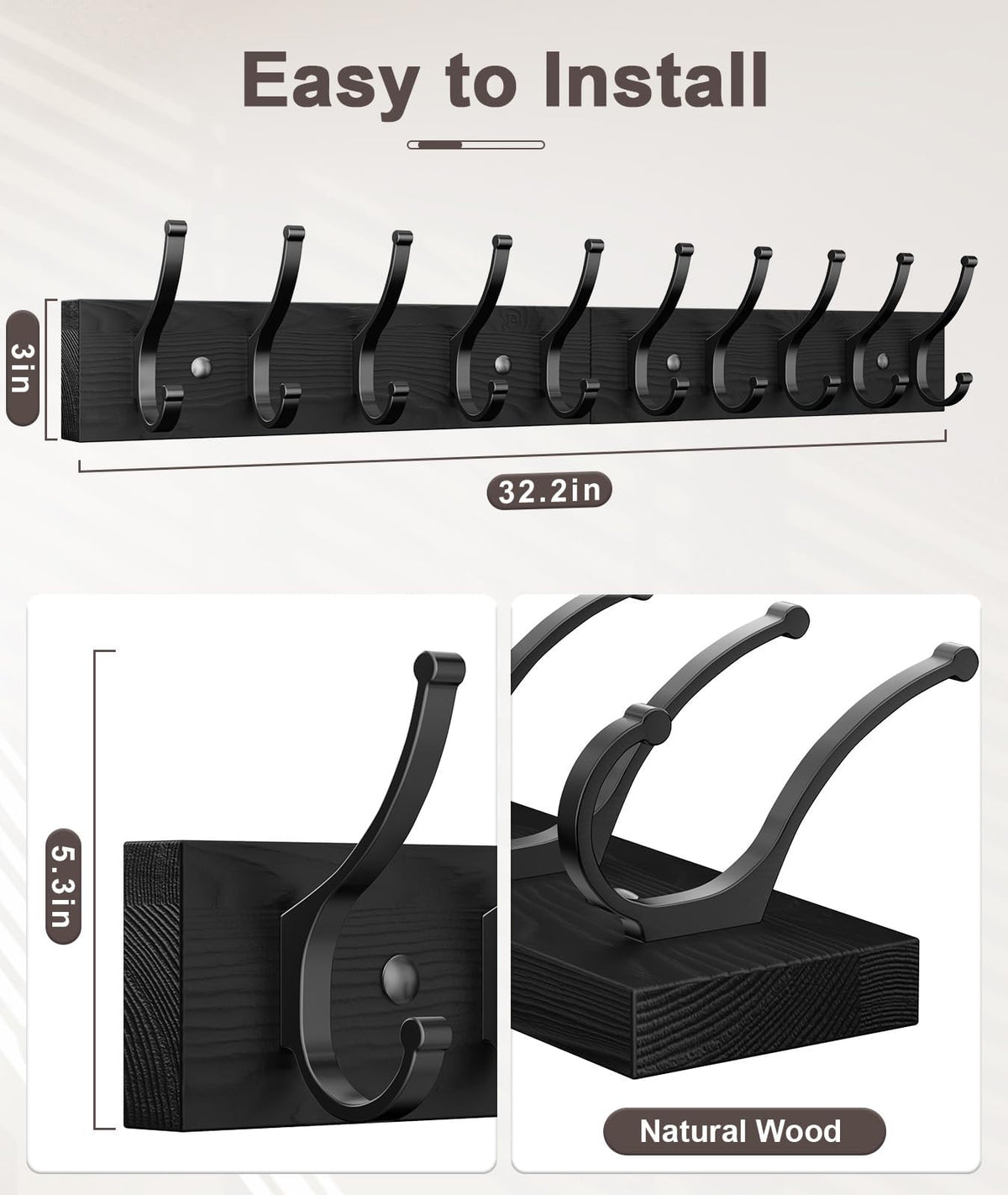 Black Wood Coat Rack Wall Mount, Set of 2 with 10 Double Hooks