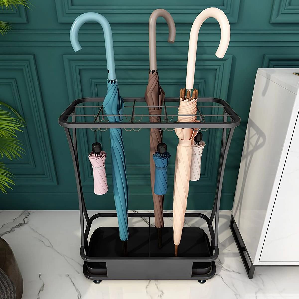 Black Iron Umbrella Rack, 15 Slots and 16 Hooks, Holds About 31
