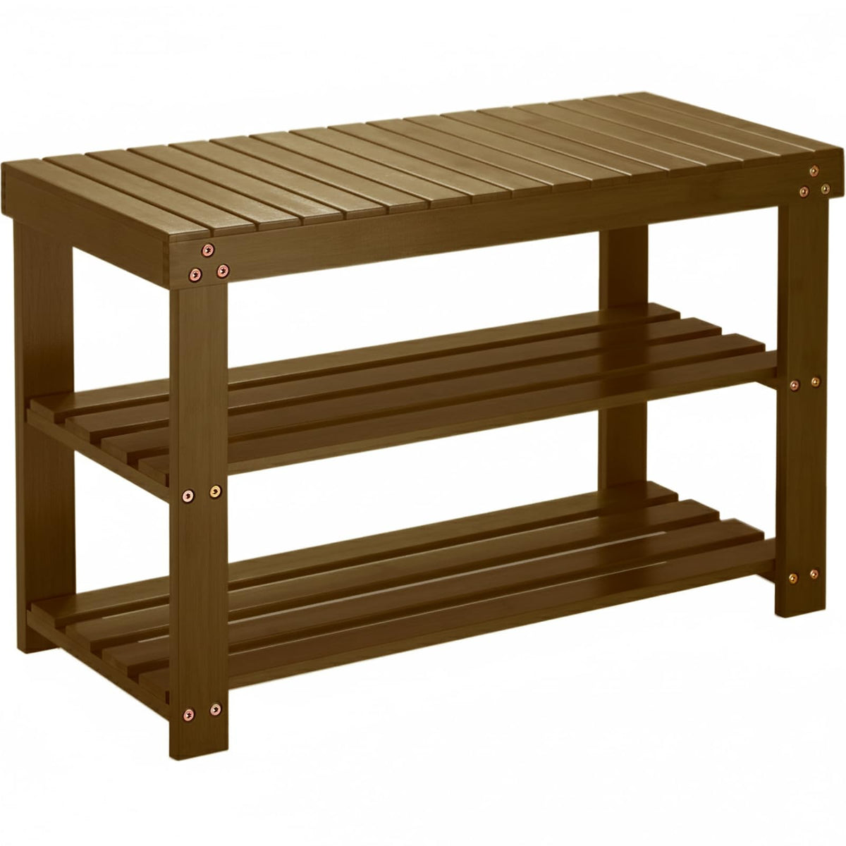 Bamboo Shoe Rack Bench, 3 Tier, Yellow Brown, 27.5 Inch Wide