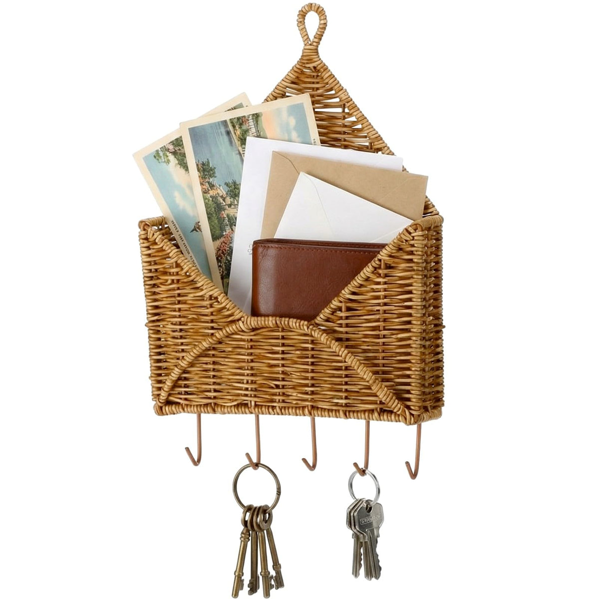 Rattan Wall Key Holder with 5 Hooks and Mail Slot, Natural