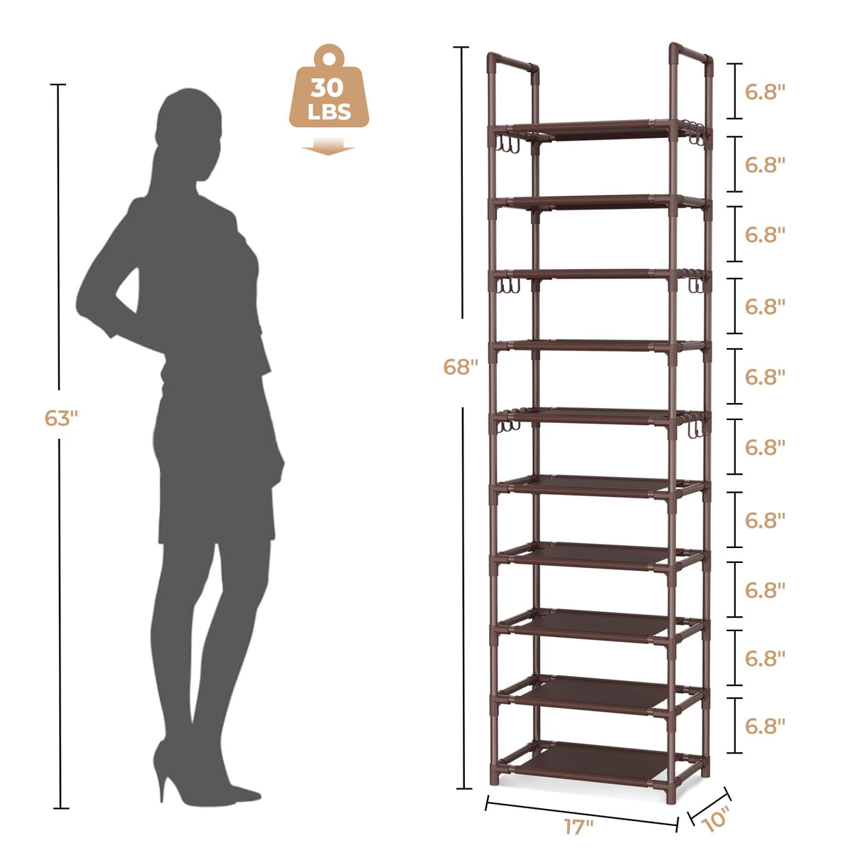 10 Tier Vertical Shoe Organizer, Brown, Holds 20-25 Pairs, 18 Hooks