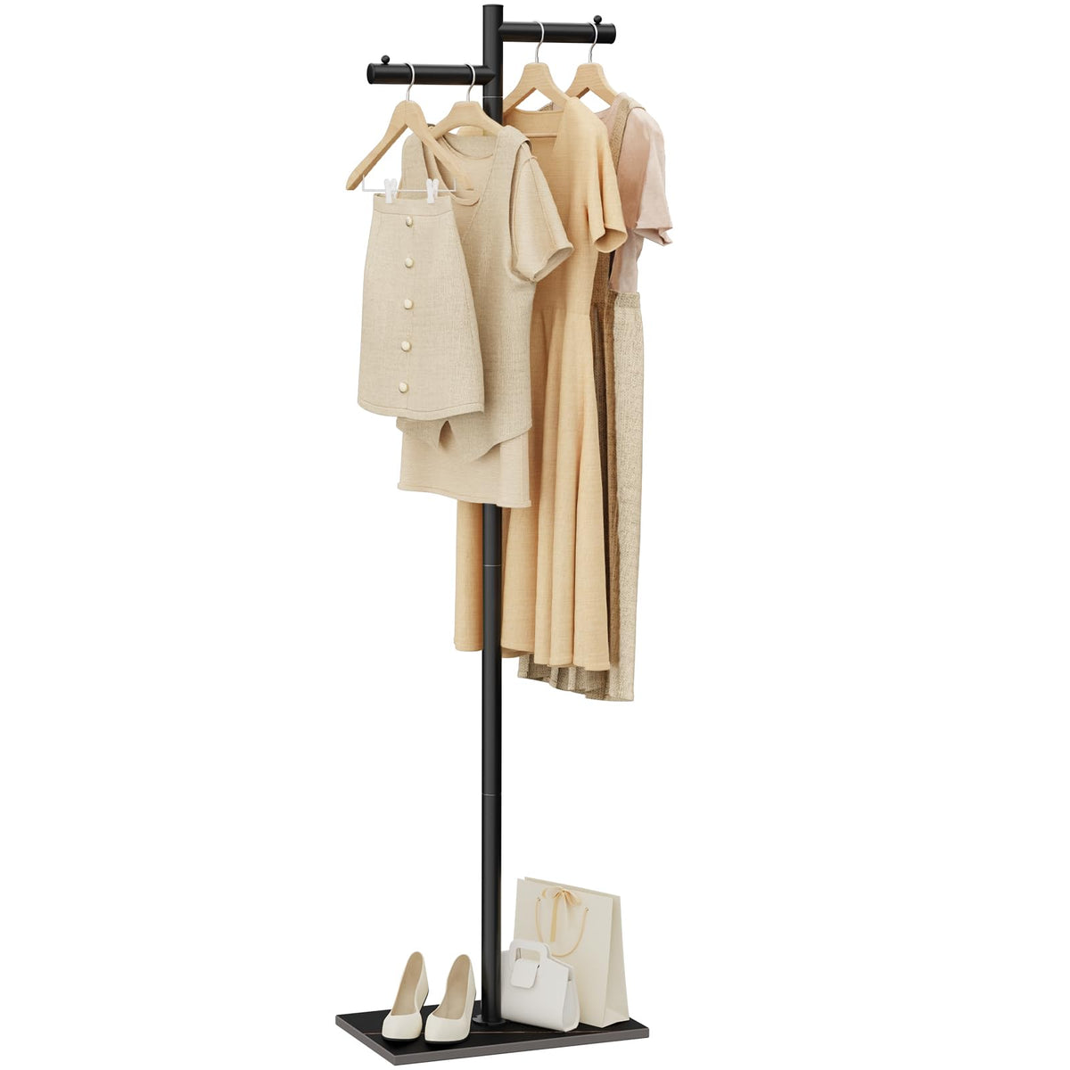 Black Metal Coat Stand with Natural Stone Base, 68.9 Inch Tall