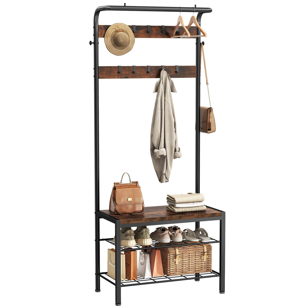 Hall Tree with Lift Top Bench and 10 Hooks, 73 Inch, Rustic Wood