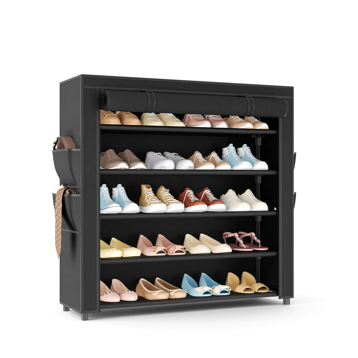 Covered Shoe Rack, 20 to 24 Pairs, 33.8 Inch Wide, Black Metal Frame