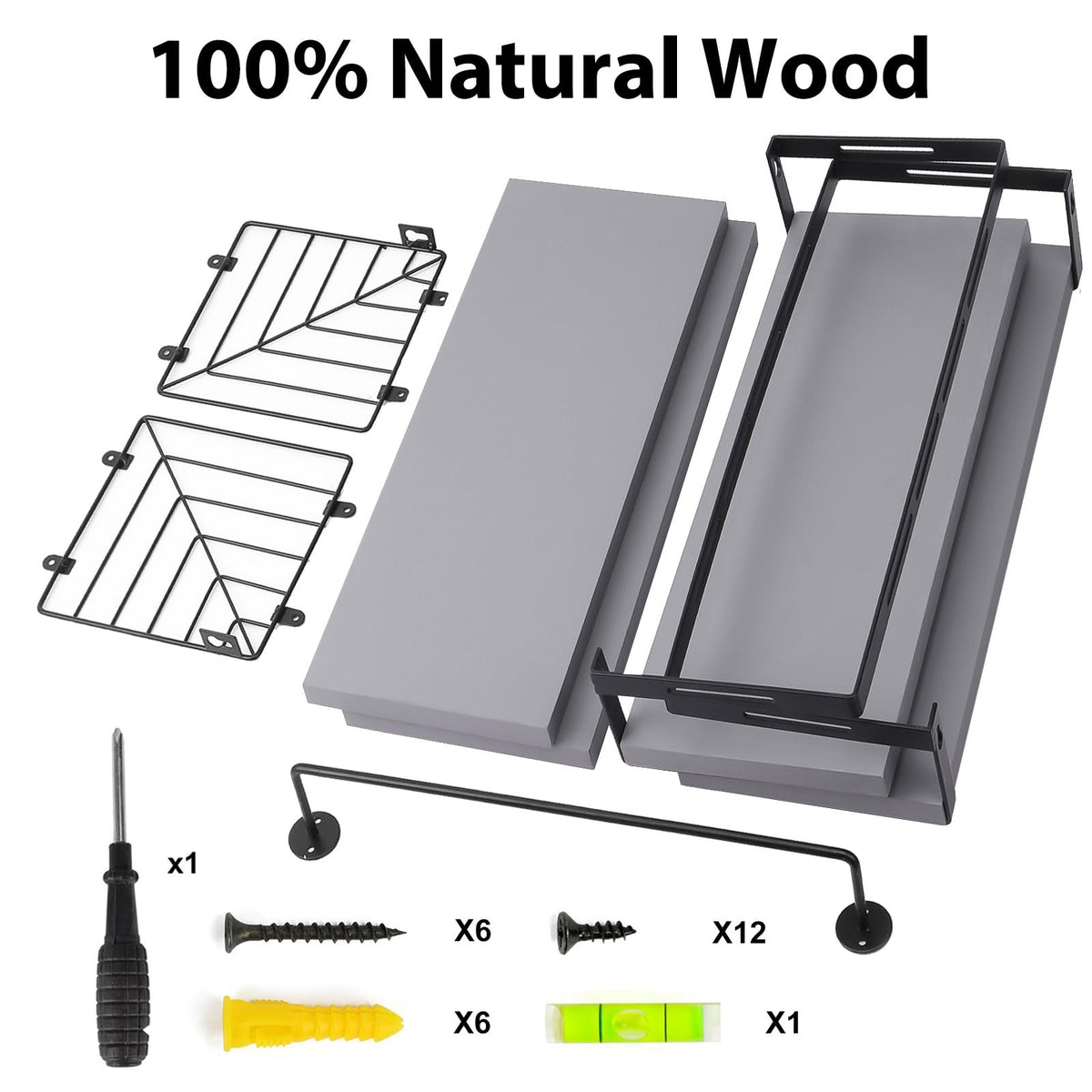 Gray Wood Bathroom Wall Shelf Set, 3 Plus 1 with Guard Rails