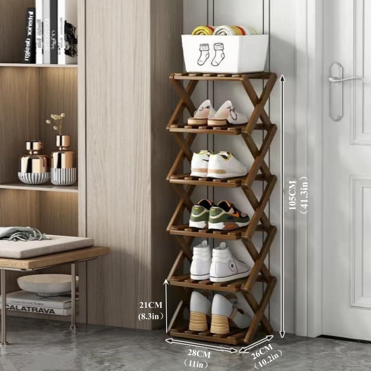 Foldable Bamboo Shoe Rack, 6 Tier, Brown Narrow Vertical Shelf