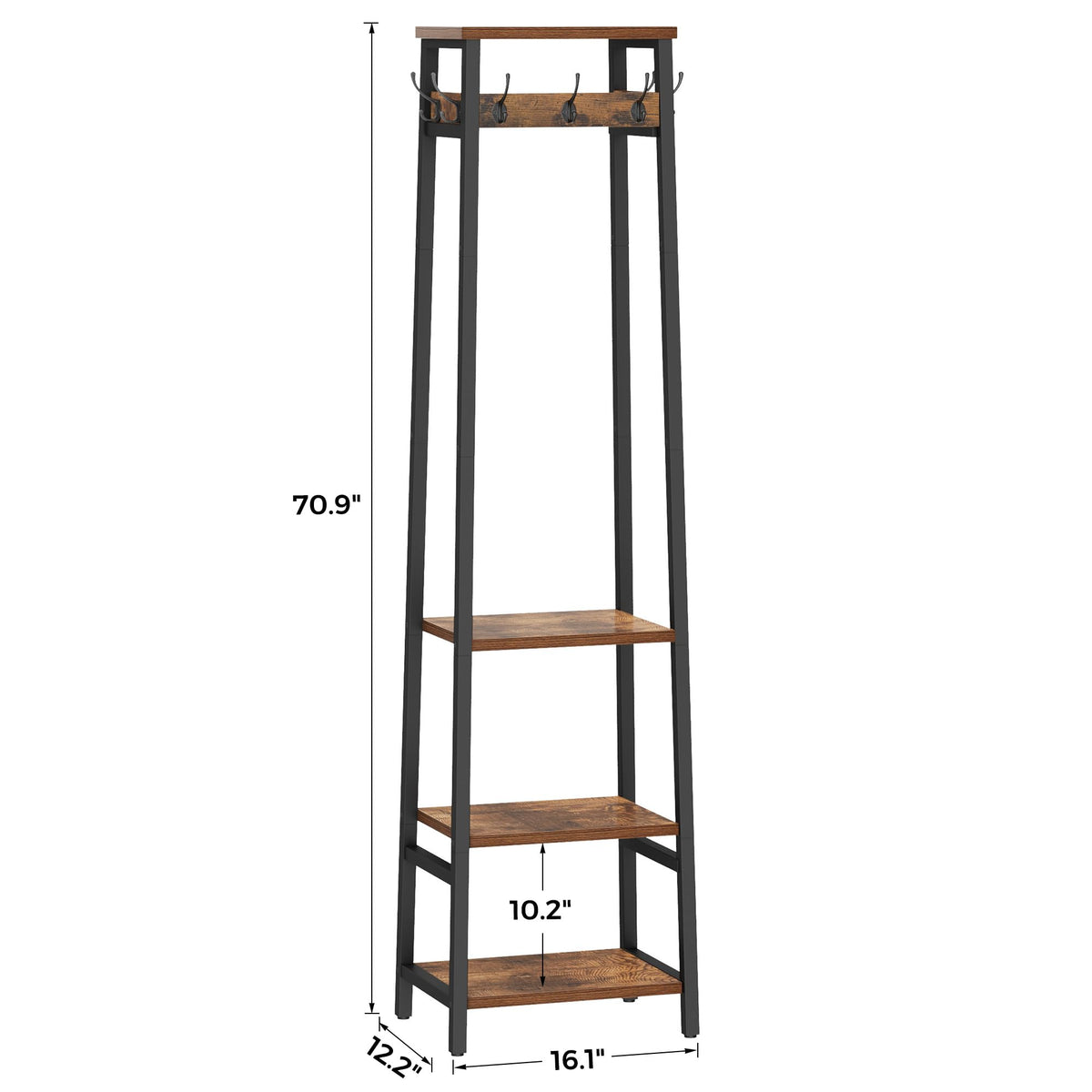 Freestanding Coat Rack with 3 Shelves and 7 Hooks, Rustic Brown