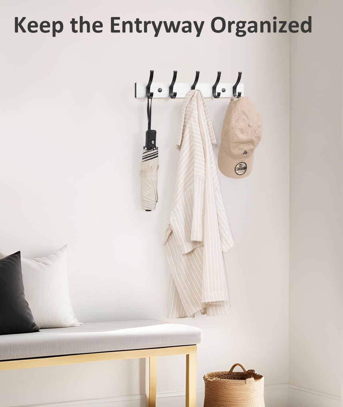 White Wood Wall Coat Racks, 2 Pack, 16.5 Inch with 5 Hooks Each