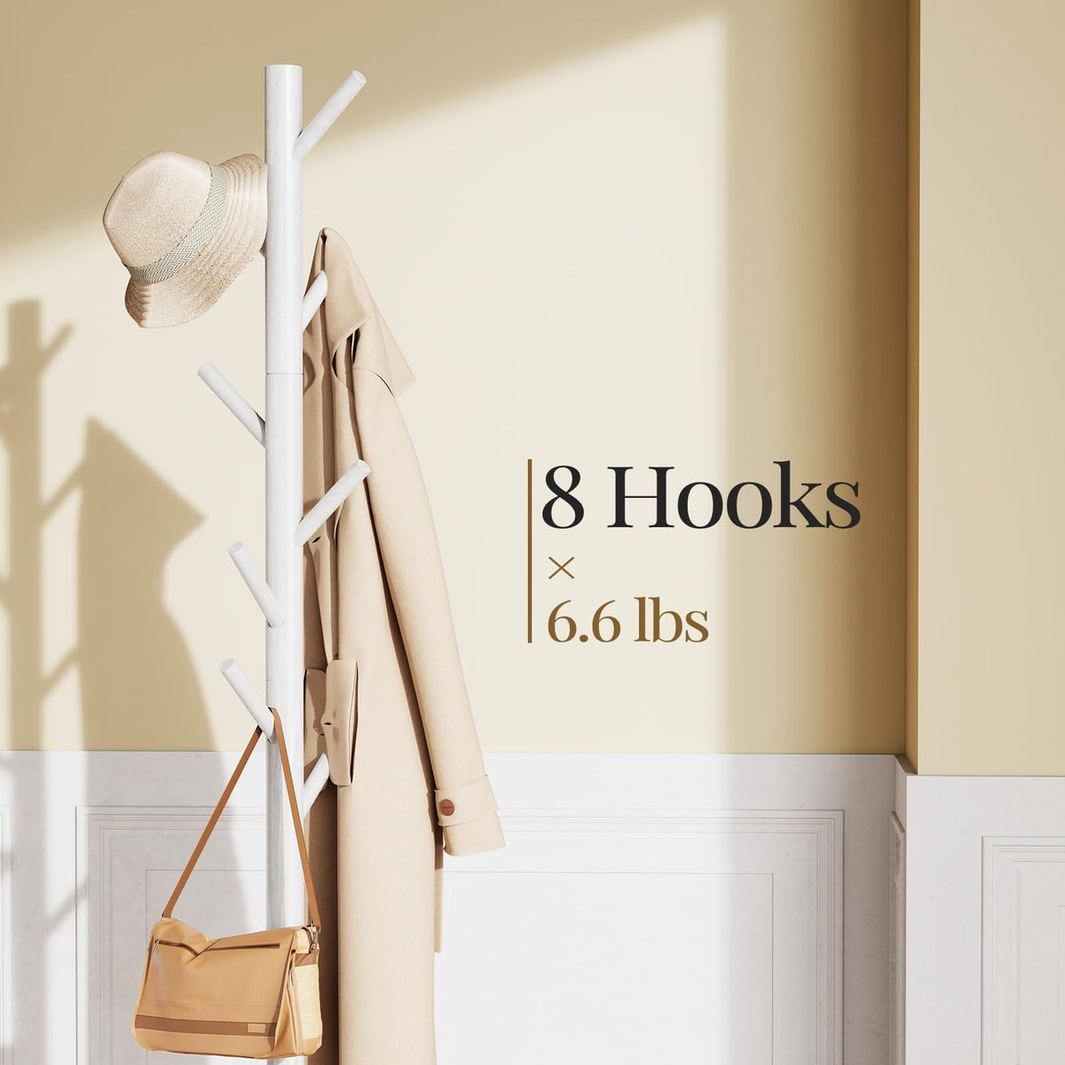 White Wooden Coat Rack Stand, 8 Hooks, 3 Height Settings