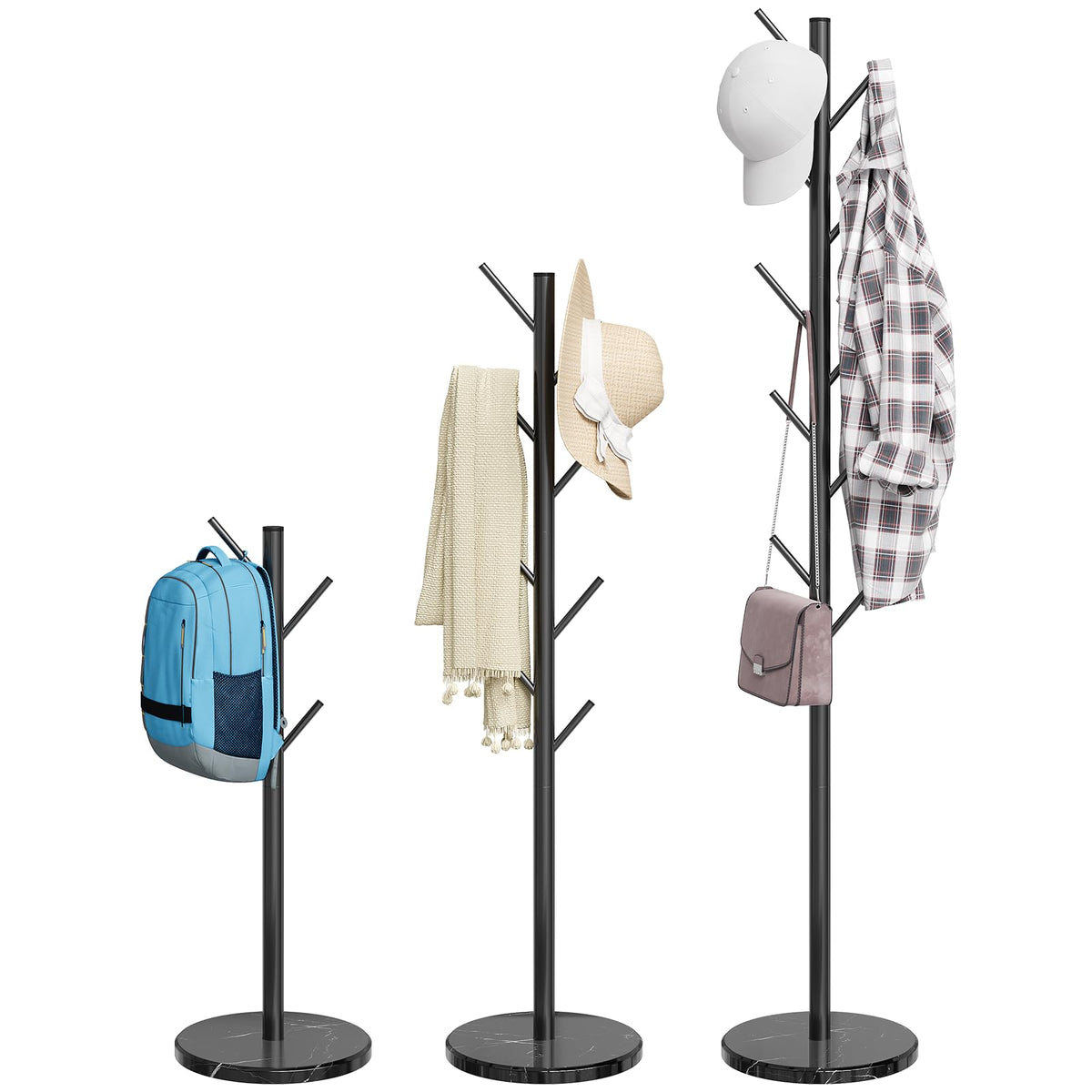 Adjustable Height Coat Stand with 10 Hooks, 11 Inch Marble Base, Black
