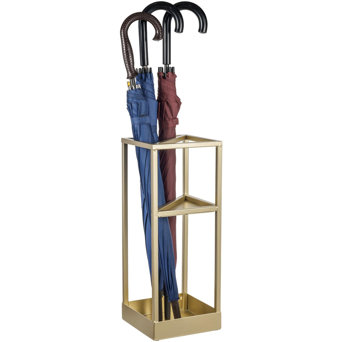 Brass Tone Metal Umbrella Stand with Drip Tray, 20 Inch Tall