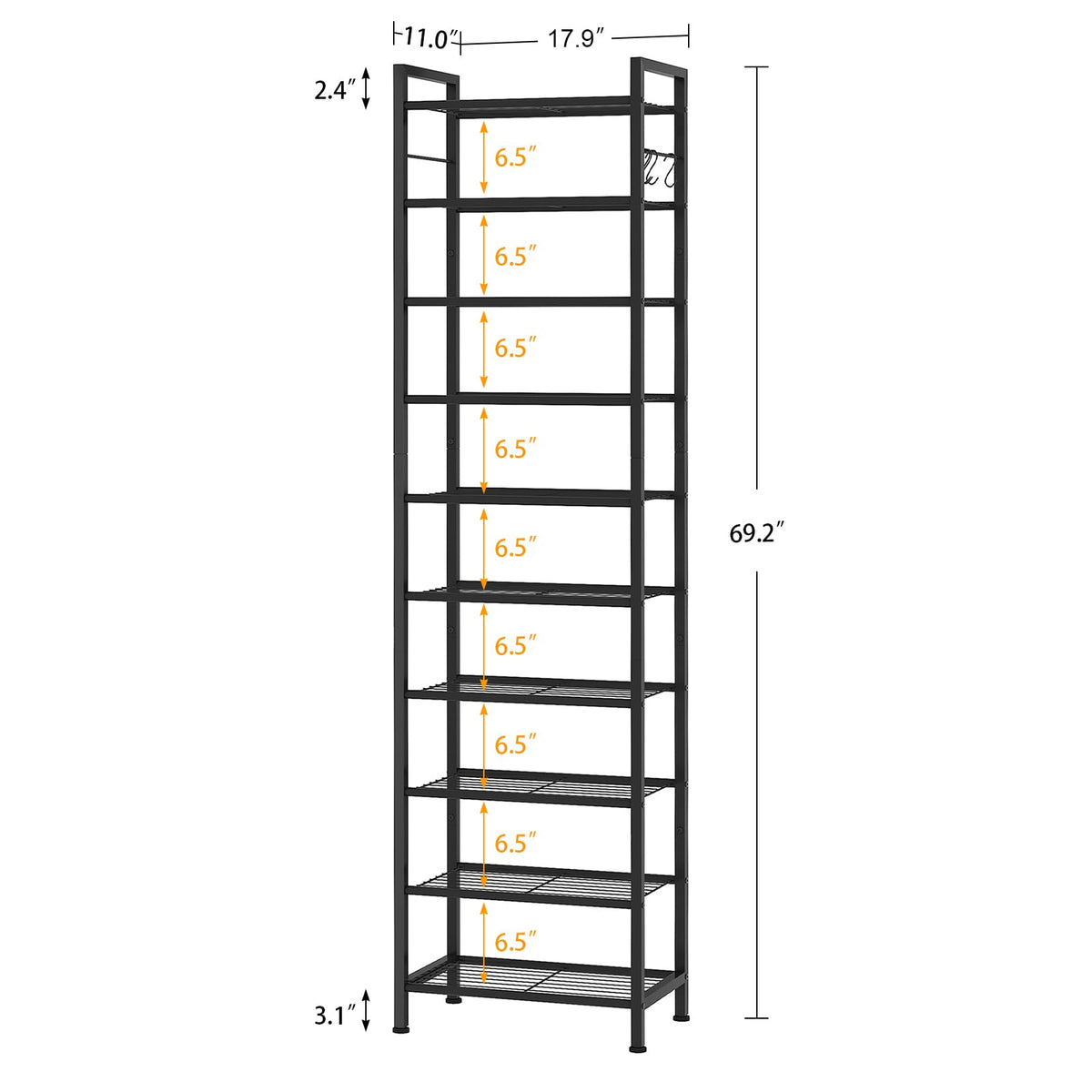 10 Tier Narrow Shoe Rack with 4 Hooks, 20 to 30 Pairs, Black Metal