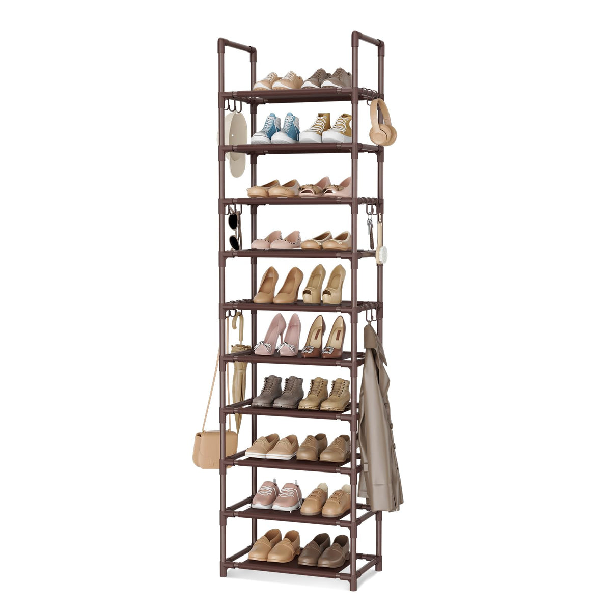 10 Tier Vertical Shoe Organizer, Brown, Holds 20-25 Pairs, 18 Hooks