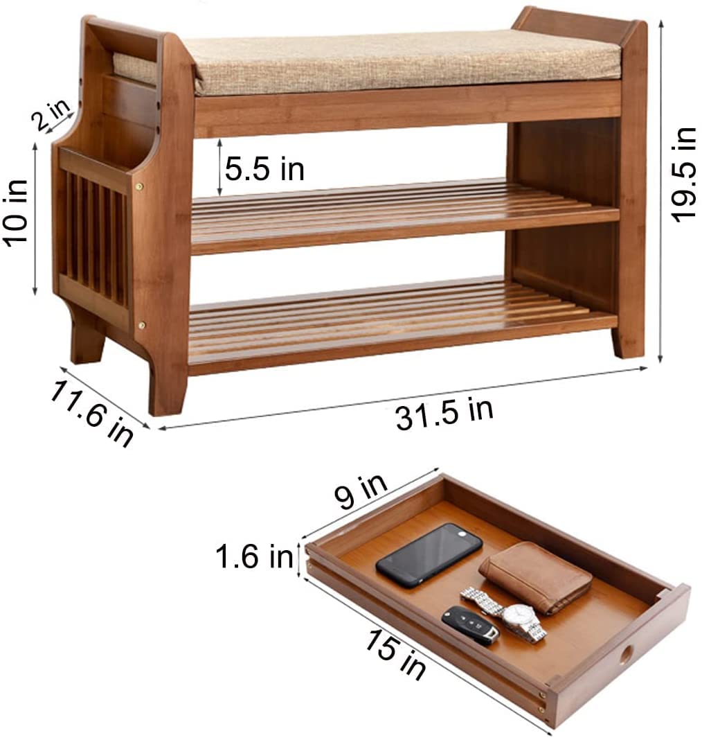Bamboo Shoe Bench with Hidden Drawer, 2 Tier, 31.5 Inch, Brown