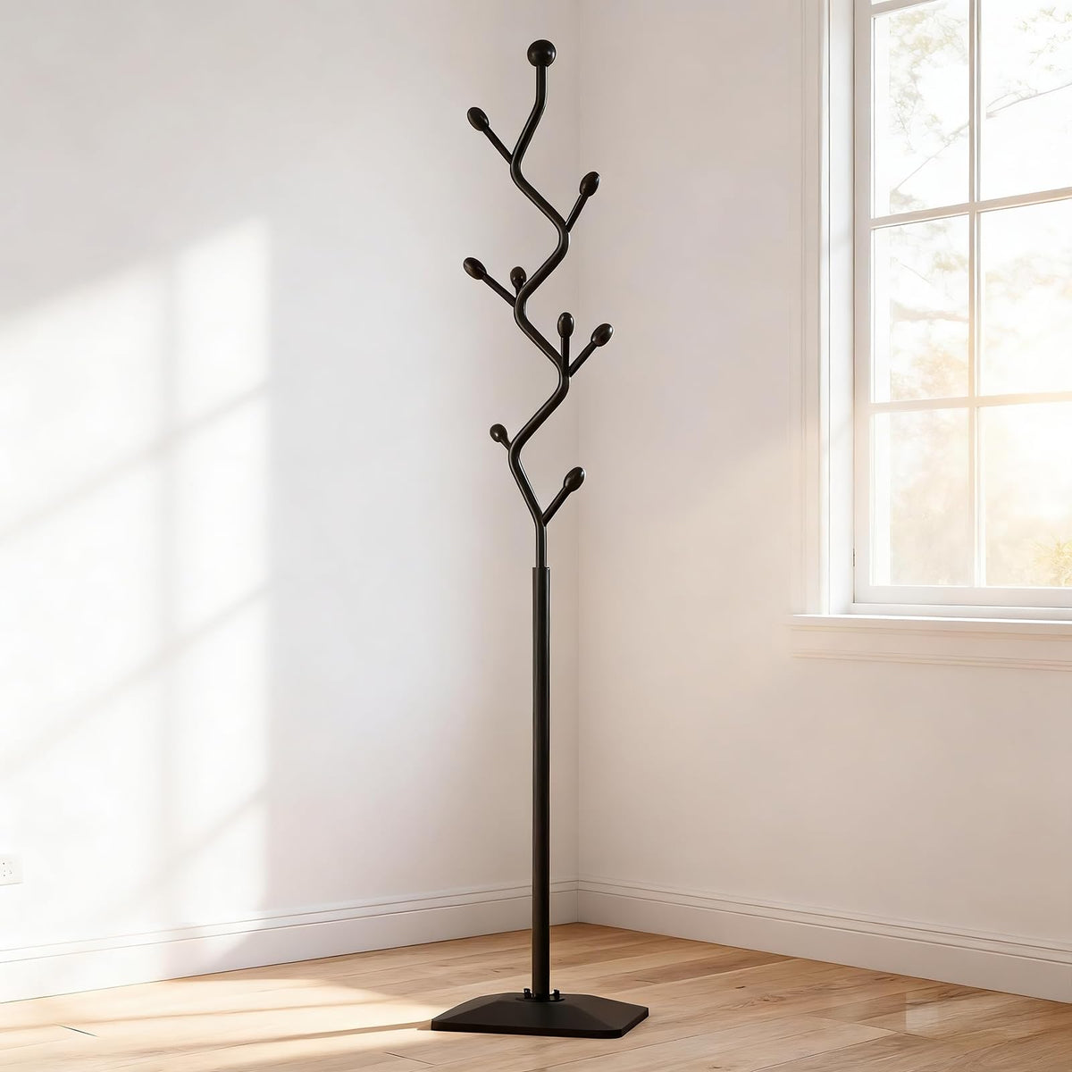 Tree Shaped Metal Coat Stand, 8 Hooks, Cast Iron Base, Black